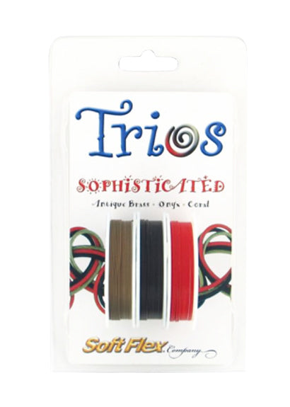 Soft Flex Trio jewelry wire set in antique brass, onyx, and coral 0.19" diameter, tarnish-resistant and flexible for beading and wire-wrapping.