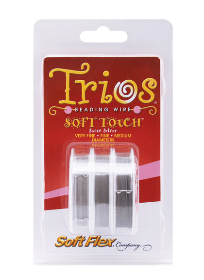 Soft Flex Premium Trio satin silver beading wire set with three diameters 0.010", 0.14", and 0.24" for jewelry making