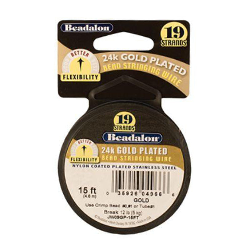 24K Gold Plated Beadalon Wire 15ft 0.18" gauge with 19-strand stainless steel core and nylon coating for jewelry making