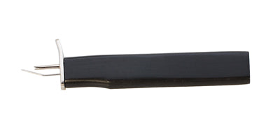 Compact black knotting tool for beadwork with integrated awl and tweezers, suitable for pearls and crystals.