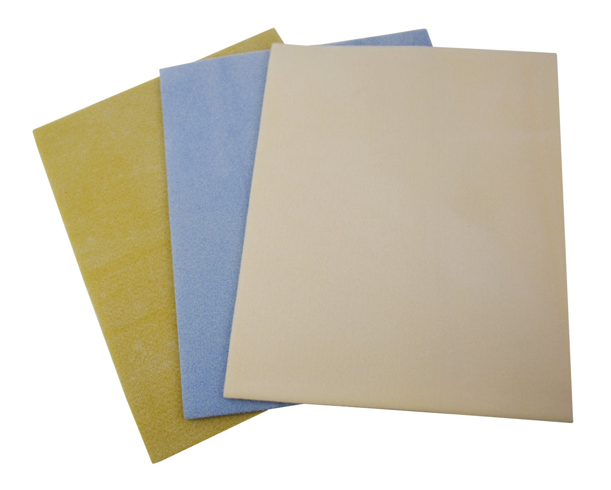 Pack of 3 double-sided beadmats for bead stringing in yellow, blue, and beige, 9x12 inches each, soft and non-slip surface