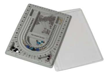 9-1/2" x 13" Pro-Design bead board with plastic lid, gray flocking, six compartments, and half-inch measurement markings for bead crafting and organization