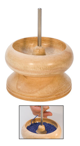 Bead-EZ Spinner hardwood bead threading tool with wide bowl and twist spindle for fast seed bead loading