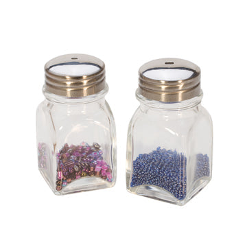 2-piece bead shaker set with clear glass bottles and metal lids for precise bead dispensing