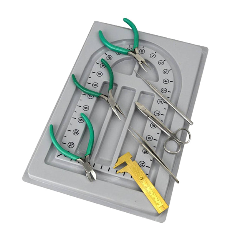 8-piece beading tool kit with plastic bead board including pliers, scissors, tweezers, gauge, and sorting tray for jewelry making