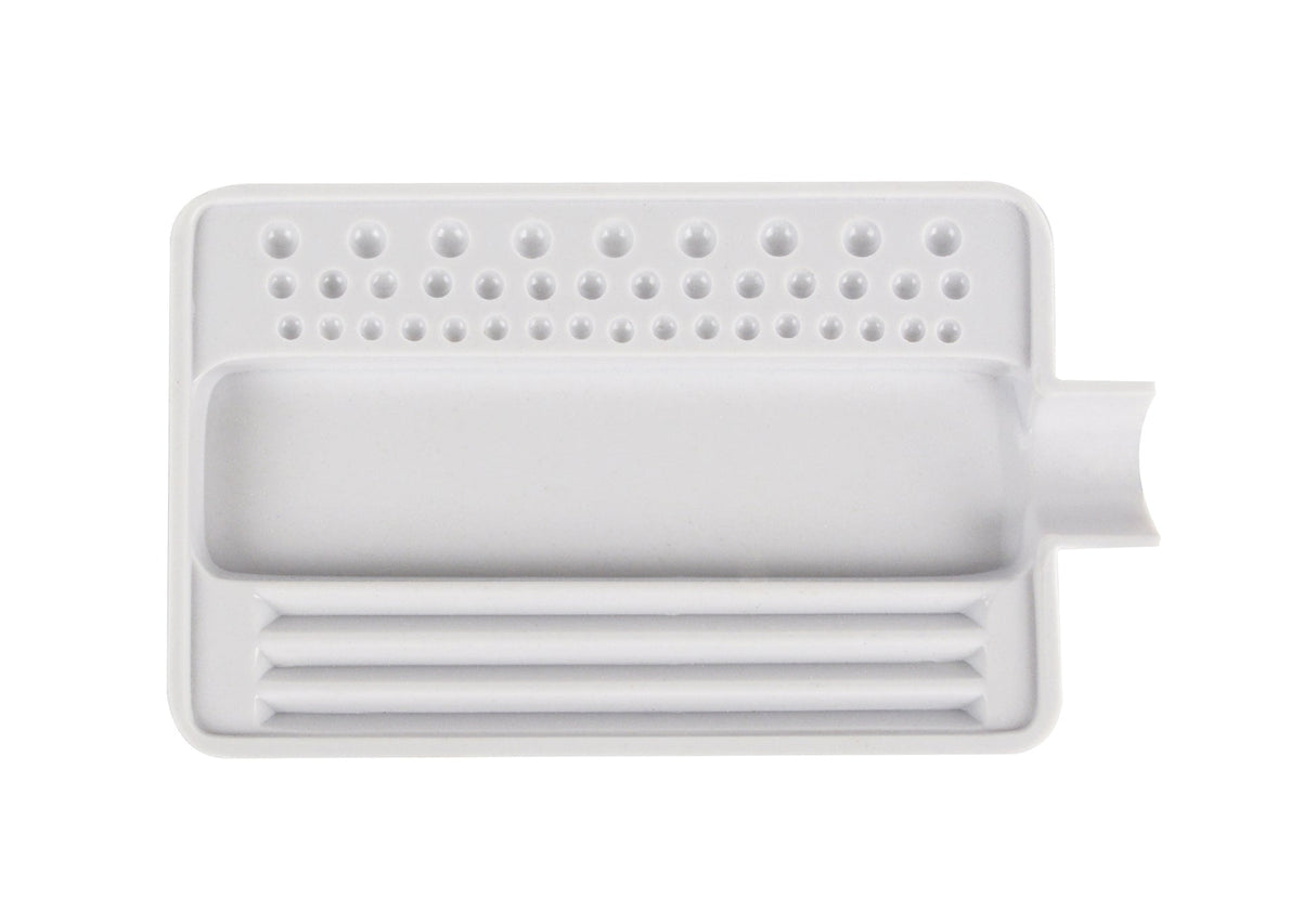 White 4 x 2-1/2 inch bead sorting tray with grooves and round indentations for organizing jewelry-making supplies