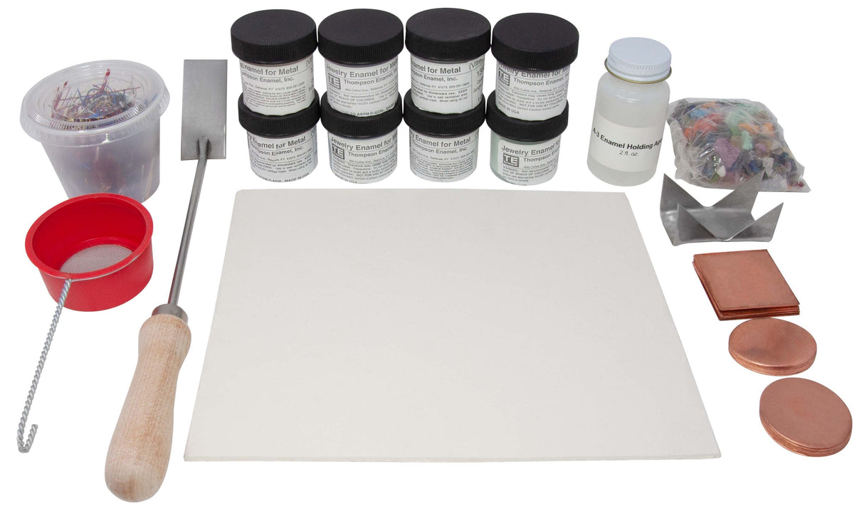 Thompson Enamel BEK-3X beginner's enamel kit with tools, enamels, copper shapes, and accessories for starter projects