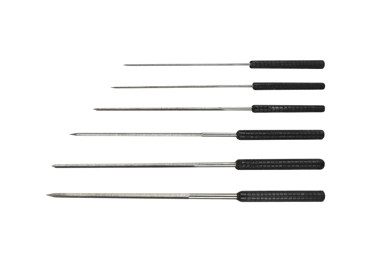 set of 6 cutting broaches with black handles in varying sizes from 0.80 to 2.30 mm for precise hole preparation and alignment