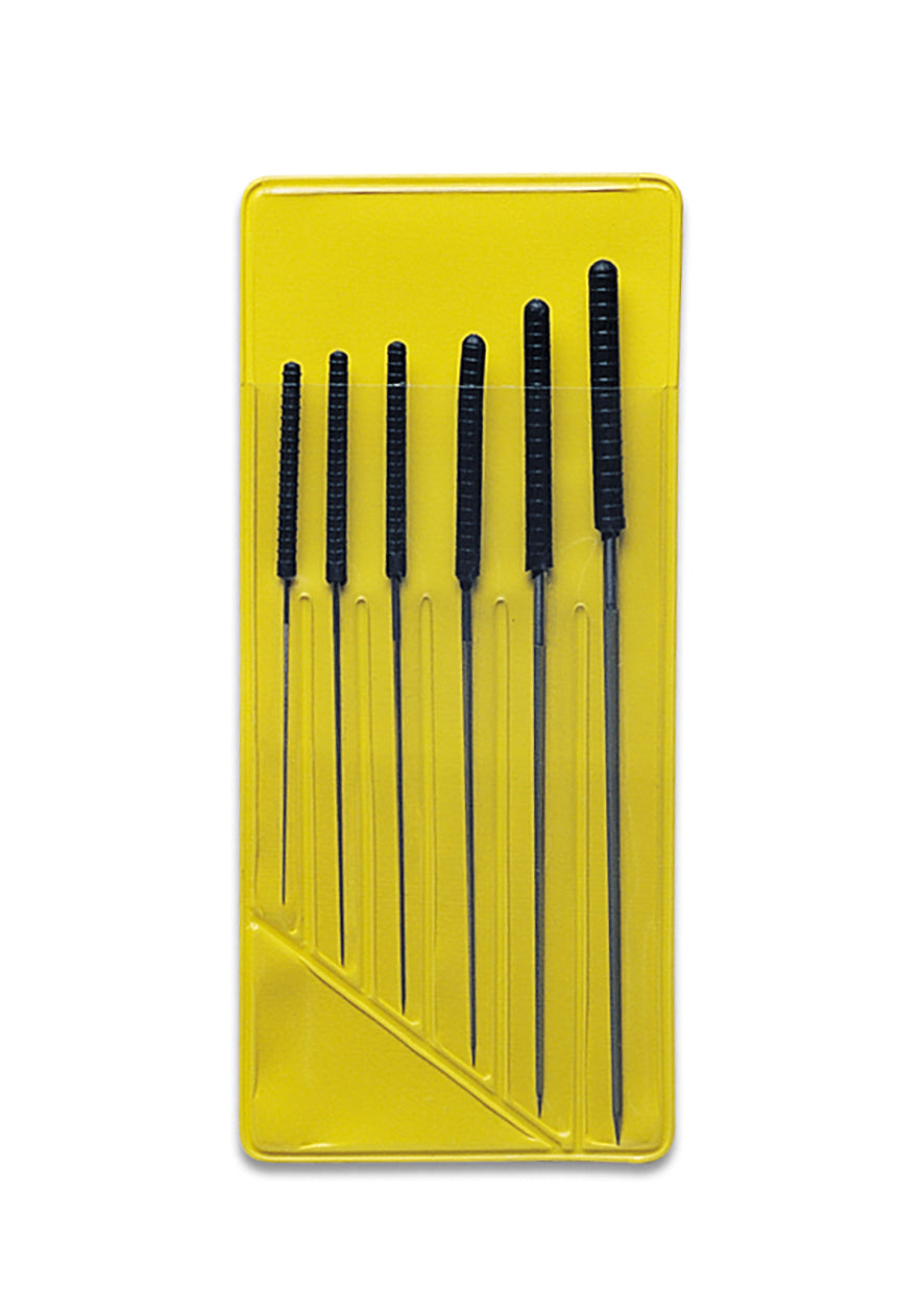6 piece broach set with black plastic handles in yellow case for precise metal and wood deburring and sizing