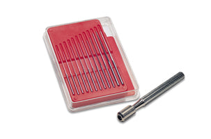 Set of 12 extra-fine broaches with miniature pin-vise in compact red case for precision cutting and detailed work