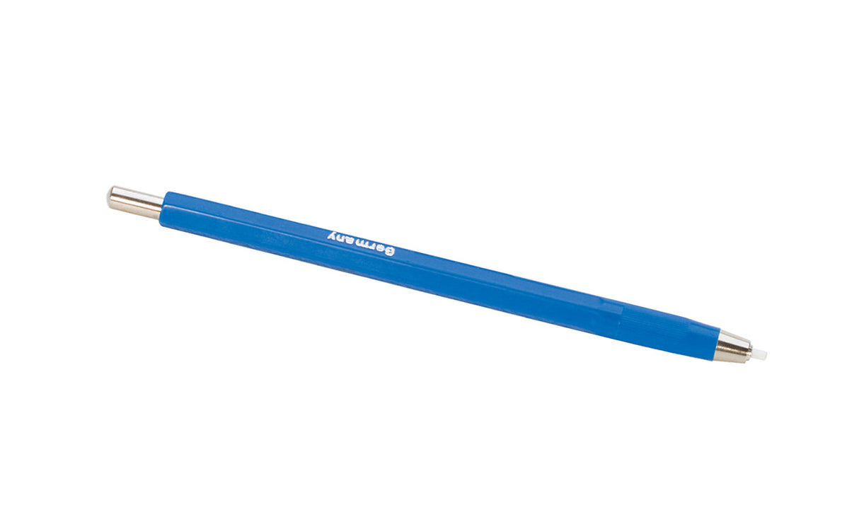 4-3/4" blue pen-shaped extra-thin fiberglass scratch brush with spring-loaded tip for precision cleaning in tight spaces