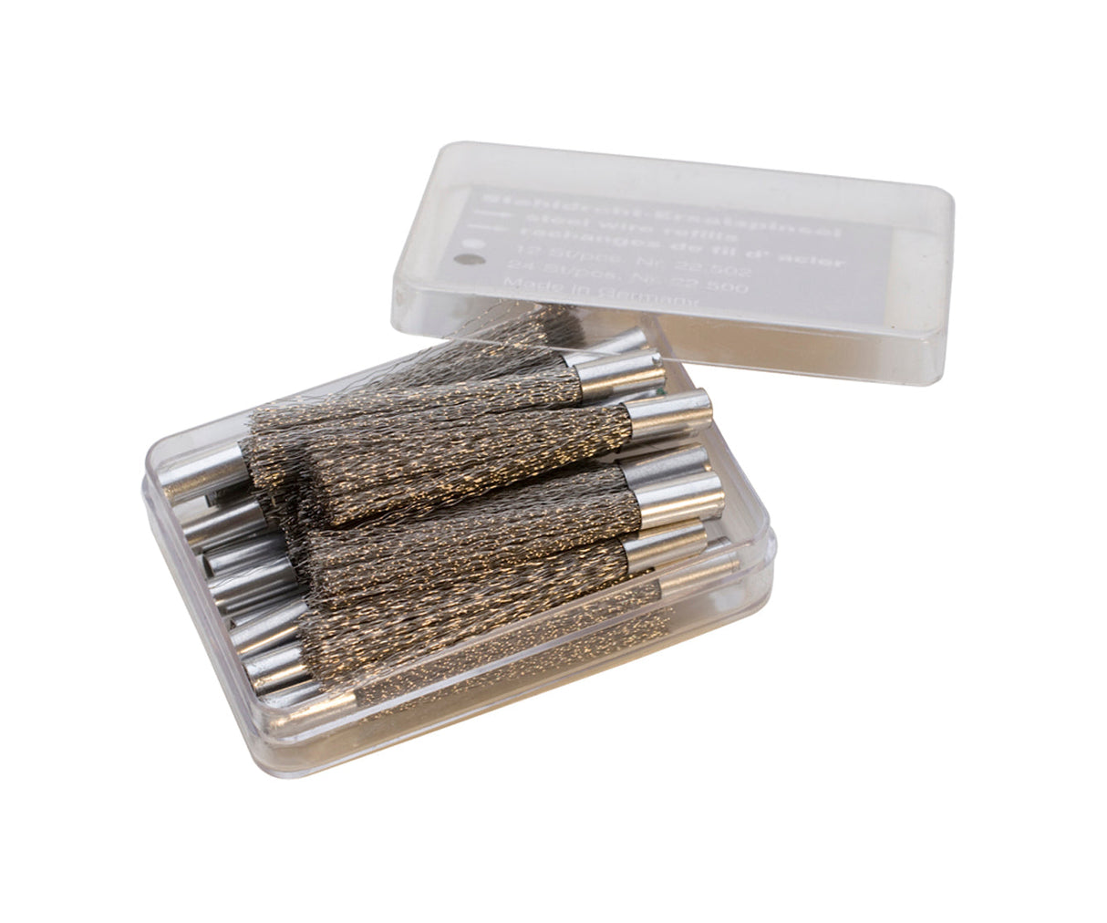Box of 24 steel scratch brush refills with durable bristles in clear plastic case for metal and wood surface prep