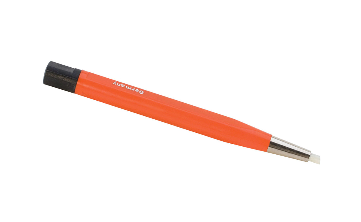 4-1/2 inch fiberglass scratch brush with pen-shaped handle and metal ferrule for rust and corrosion removal