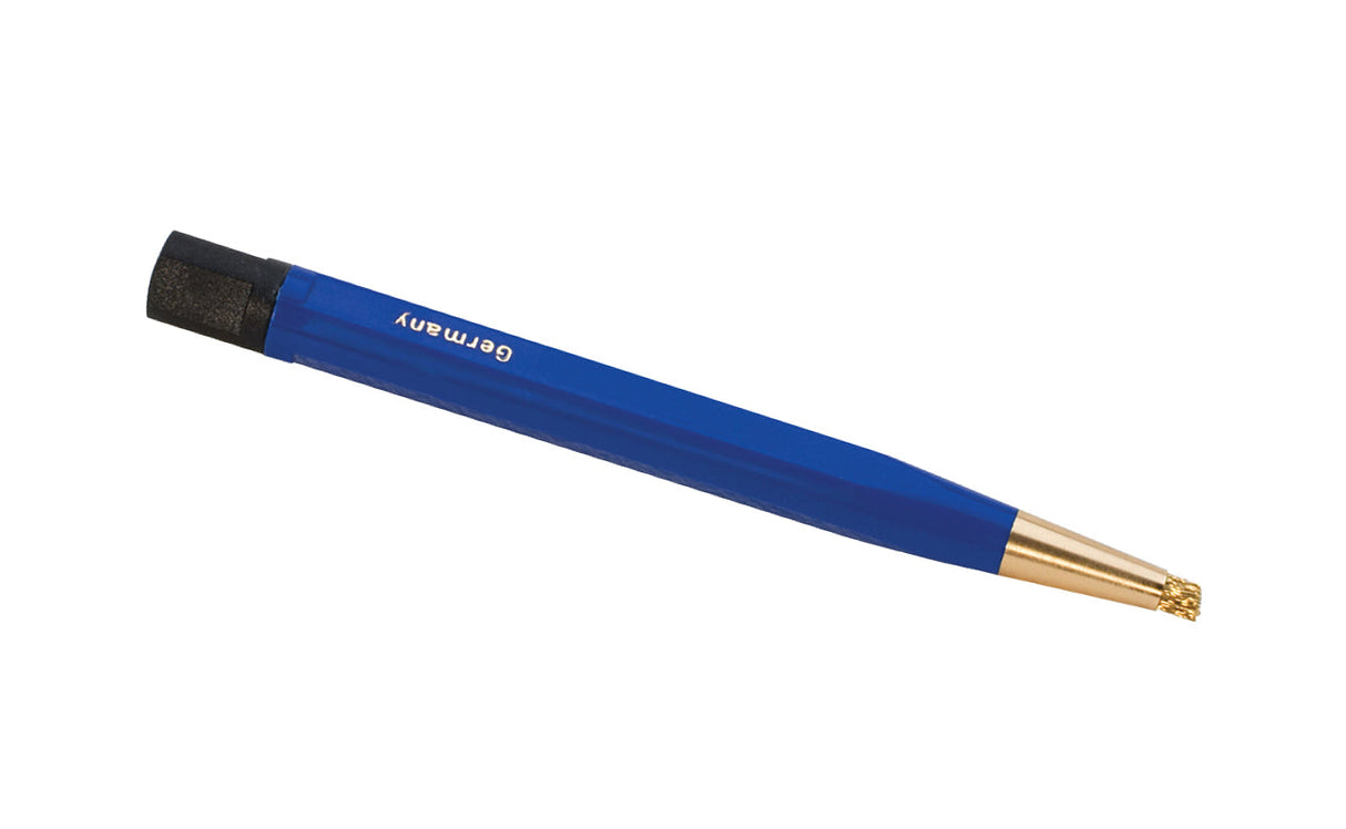 4-1/2" Brass Scratch Brush with blue pen-style handle and brass head for rust and corrosion removal