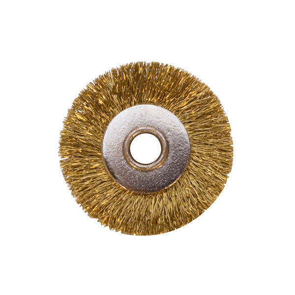 3/4 inch unmounted brass crimped wire brush with 1/8 inch mounting hole for deburring and surface finishing