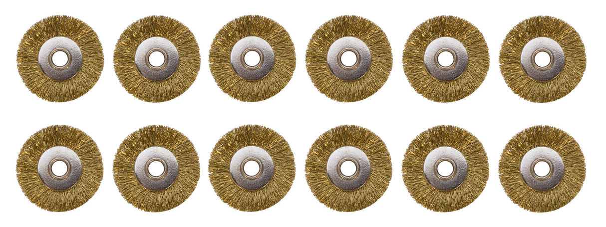 Set of 12 unmounted crimped brass brushes with 3/32" holes for polishing and finishing.
