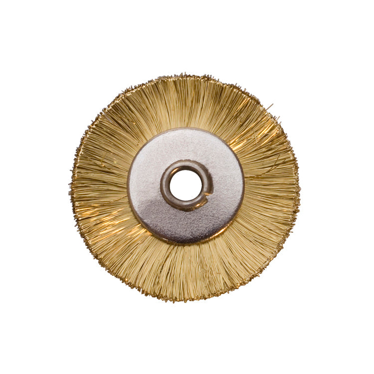 1 inch unmounted brass brush with straight bristles and 3/32 inch mounting hole for deburring and surface conditioning
