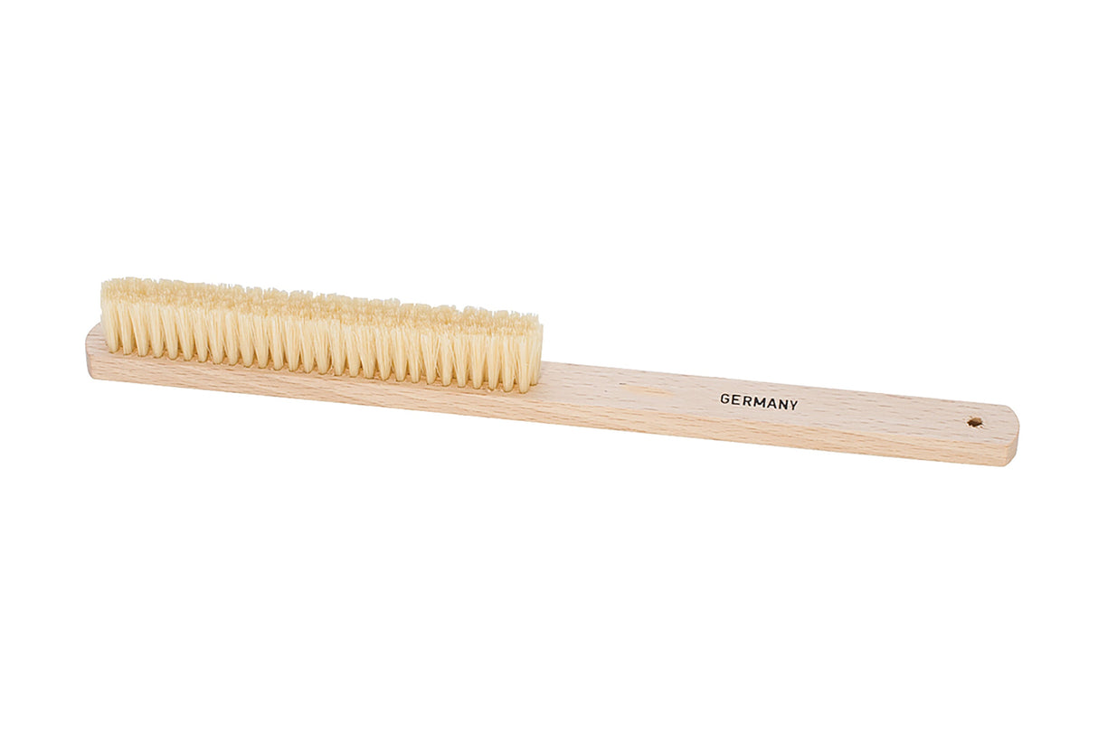 10" Glasgow Brush with hard white bristles and wooden handle for precise cleaning tasks