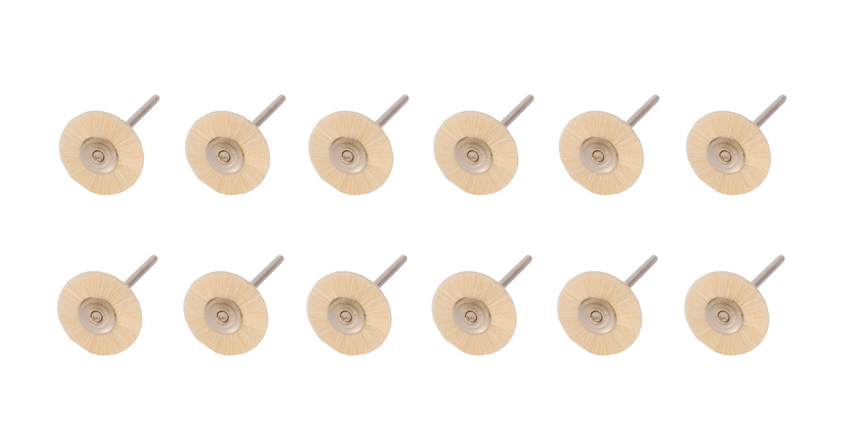 12 pack of 1 inch extra-soft mounted rotary brushes with 3/32 inch mandrels for delicate jewelry cleaning
