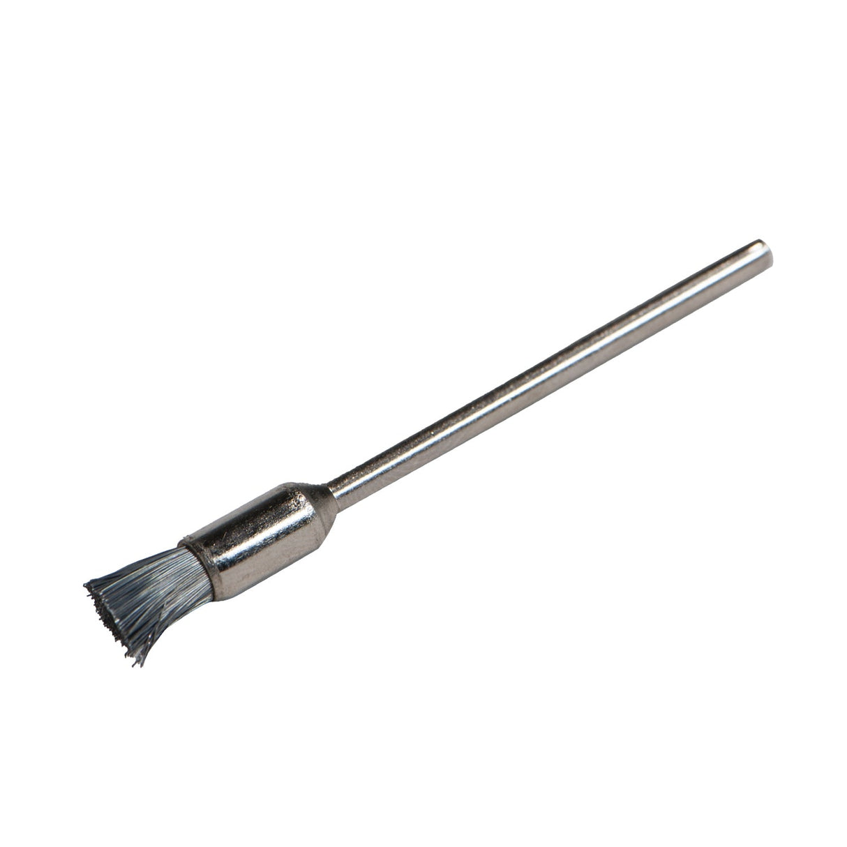 1/4 inch steel end brush with straight bristles and 3/32 inch mandrel for metal finishing