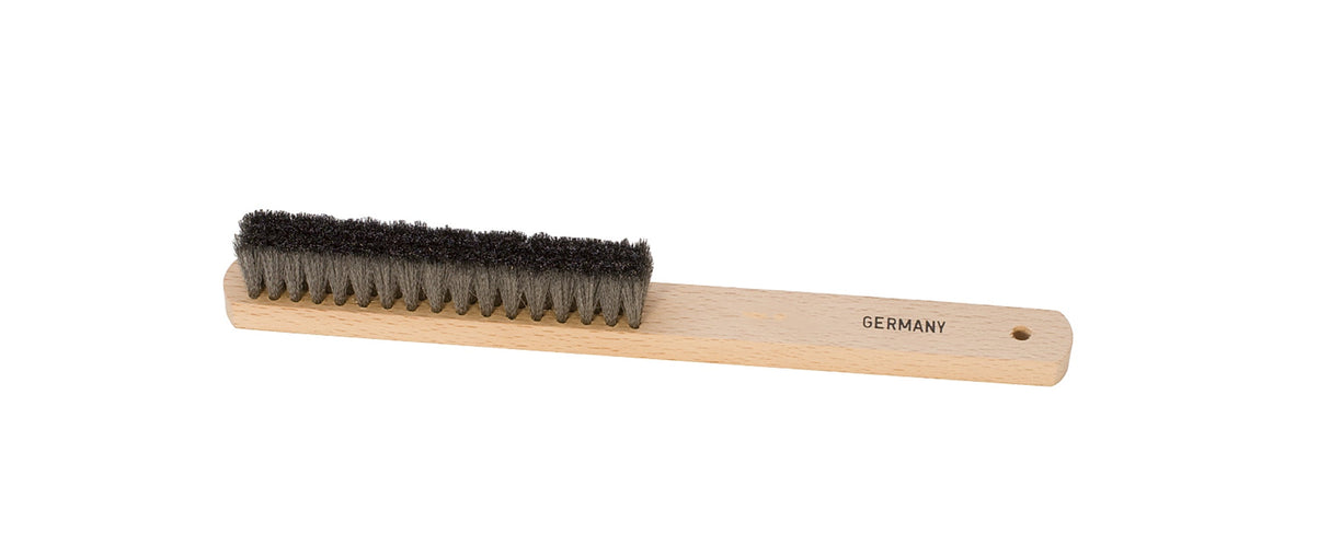 8-5/8" steel hand brush with four rows of crimped steel bristles and wooden ergonomic handle for metal cleaning and texturizing