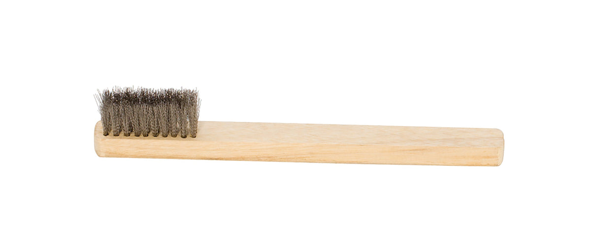 8-inch soft steel brush with three rows of bristles and hardwood handle for delicate cleaning and jewelry making