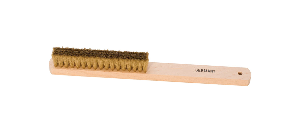 8-5/8" Brass Hand Brush with wooden handle and brass wire bristles for precision metal cleaning and deburring