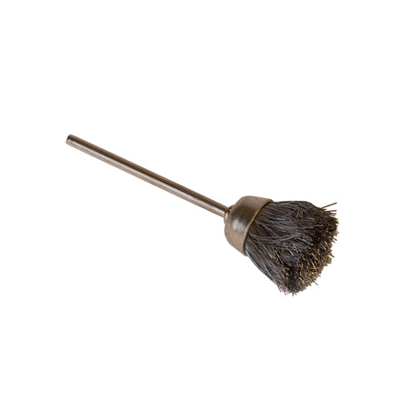 1/2 inch steel straight cup brush with 3/32 inch mandrel for metalworking and surface prep