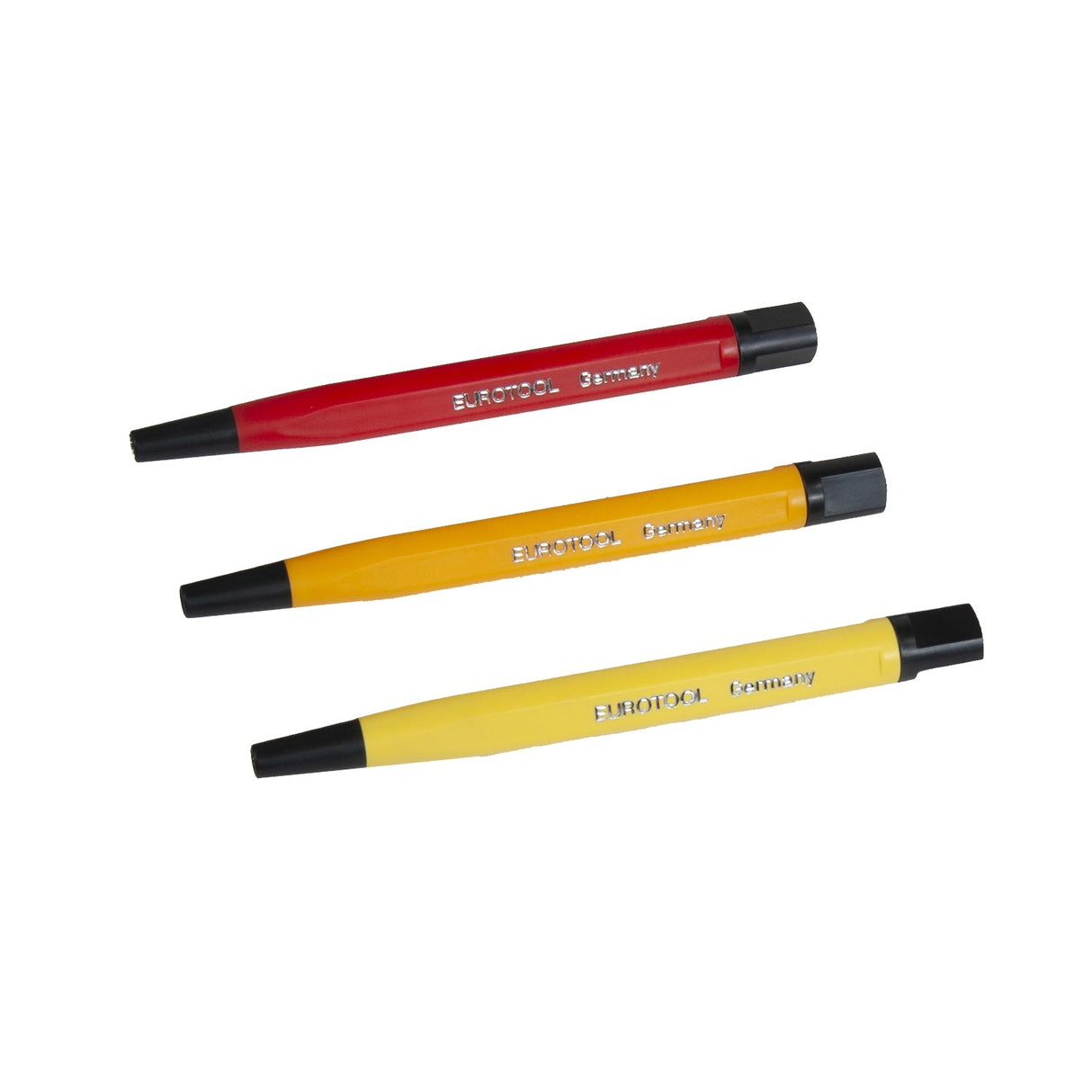 Set of three 4-1/2" steel scratch brushes with pen-shaped ergonomic handles for rust and corrosion removal
