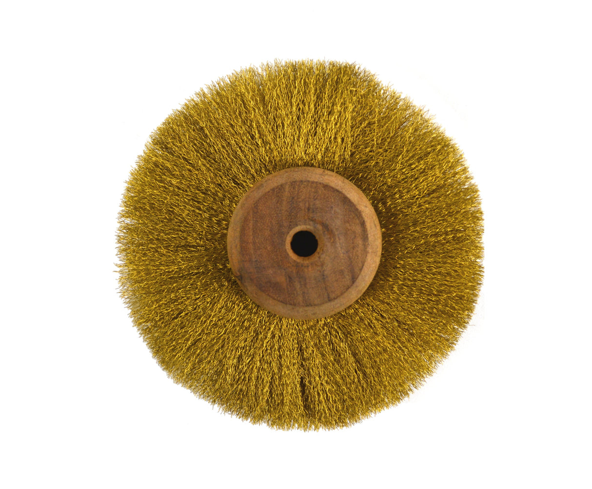 4-inch circular brass wire brush with wooden center for cleaning and finishing