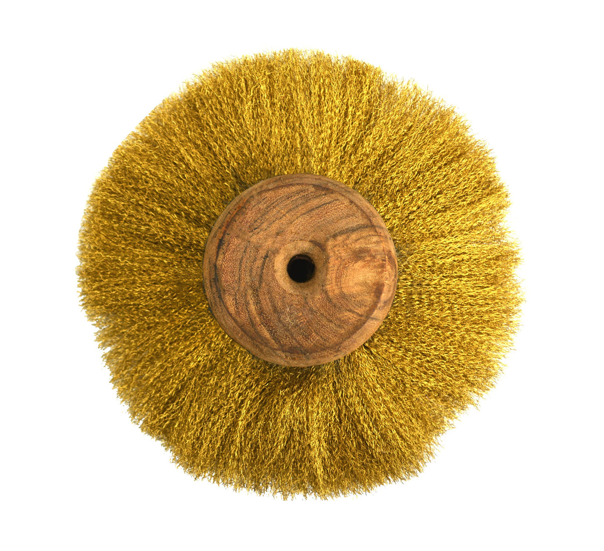 6 inch circular brass brush with crimped bristles and wooden center for cleaning and finishing surfaces