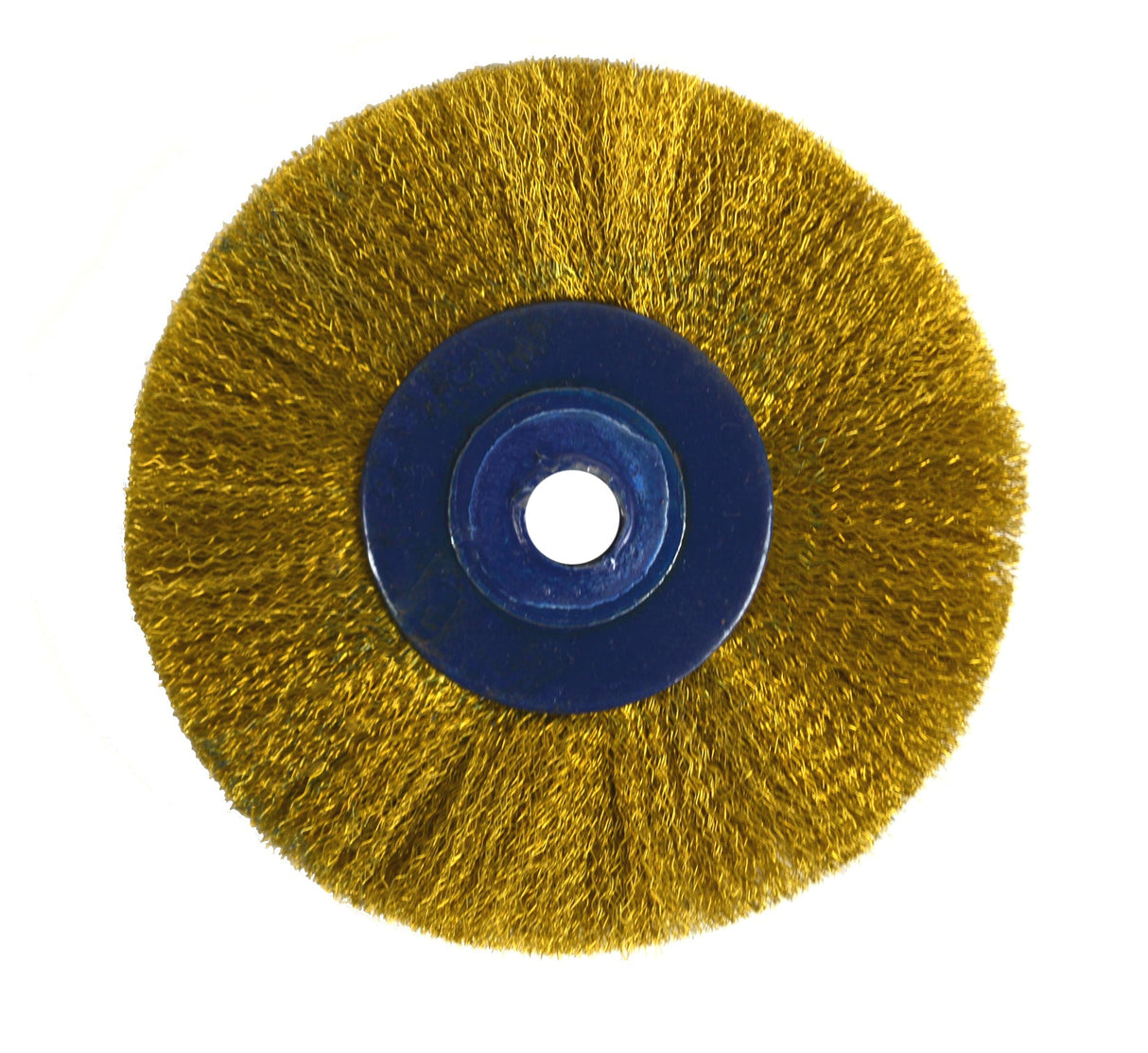 2-1/2 inch circular brass brush with crimped bristles for cleaning and deburring metals and plastics