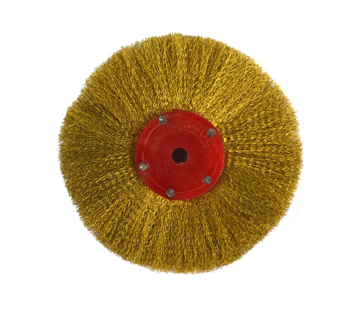 4 inch circular brass wire brush with red center for cleaning and deburring metal surfaces