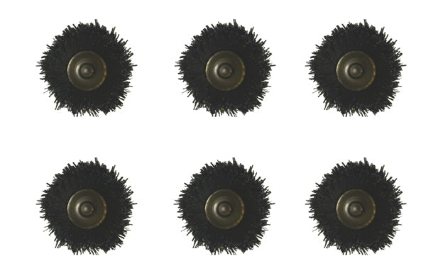 Set of 6 black bristle cup brushes with 3/32 inch shanks for jewelry finishing and rotary tools.