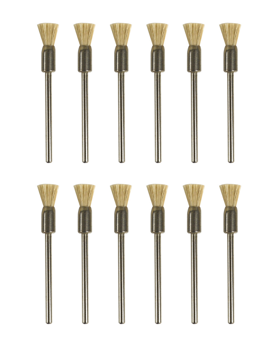 Set of 12 white bristle end brushes with 3/32" shanks for delicate jewelry cleaning