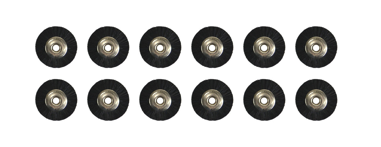 Set of 12 unmounted black bristle brushes with 3/32" shank and 3/4" wheel for detailed cleaning and polishing