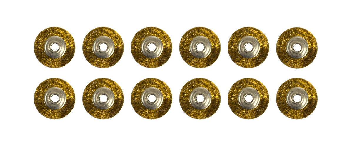 Set of 12 unmounted brass wire brushes with 3/32" shank and 3/4" wheel for finishing yellow metals
