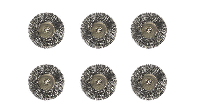 Set of 6 mounted steel wire wheel brushes with 3/32 inch shanks for metal cleaning and deburring