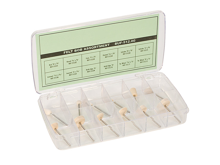 12-piece felt bob assortment with 3/32 inch mandrels in clear organizer box
