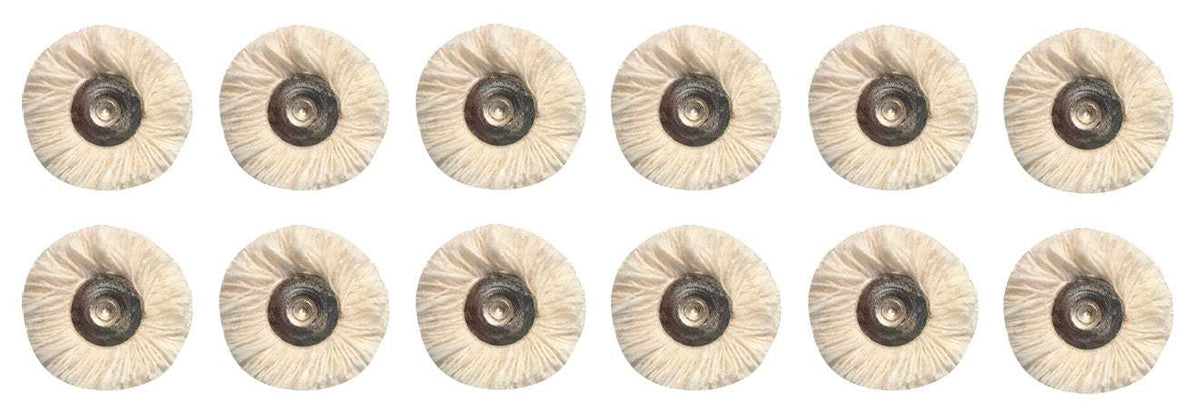 Set of 12 mounted muslin polishing mops 7/8 inch diameter with 3/32 inch shank for resin and plastic finishing