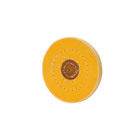 Yellow Muslin Buff polishing pad with stitched edges and leather center for durable, aggressive scratch removal and superior compound retention