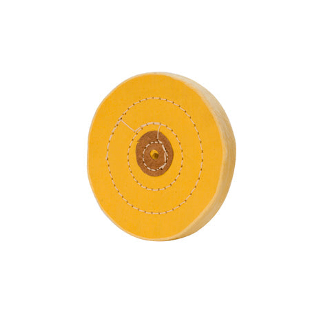 Yellow Muslin Buff stitched polishing wheel with leather center for aggressive compound retention and smooth finishes.