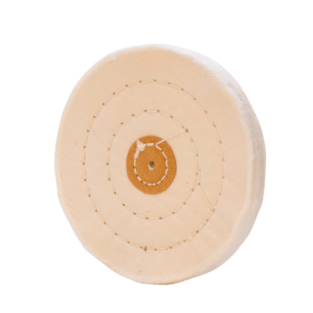 White stitched muslin buff with leather center for polishing and finishing tasks