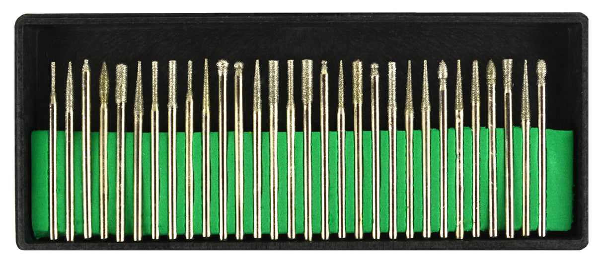 Diamond Bur Variety Set with 30 diamond-impregnated rotary burs in a black case, sizes 1–3.2mm, 120-grit for detailed carving and shaping.