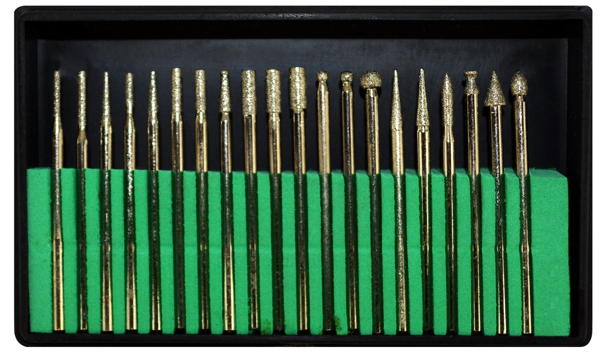 Assortment of 20 diamond burs with 3/32" shank in a black plastic case for rotary tools.