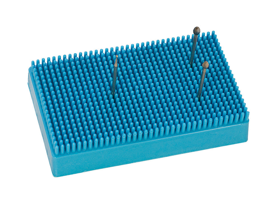 Compact blue Bur Holder organizer for burs and 3/32" shank tools on workbench or table