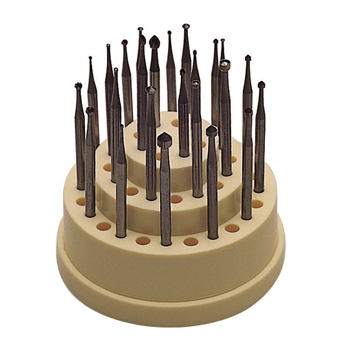 24-Piece Master Swiss Bur Set for dental precision and durability in beige holder