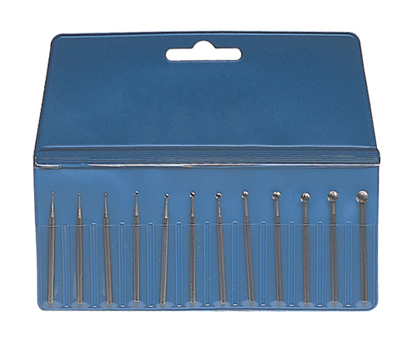 12-piece assorted round bur set in blue case with Swiss-milled vanadium steel burs for precision shaping and deburring