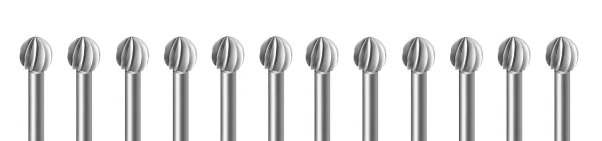 12-piece assorted round bur set made of Swiss-milled Vanadium steel with wooden stand for precision cutting