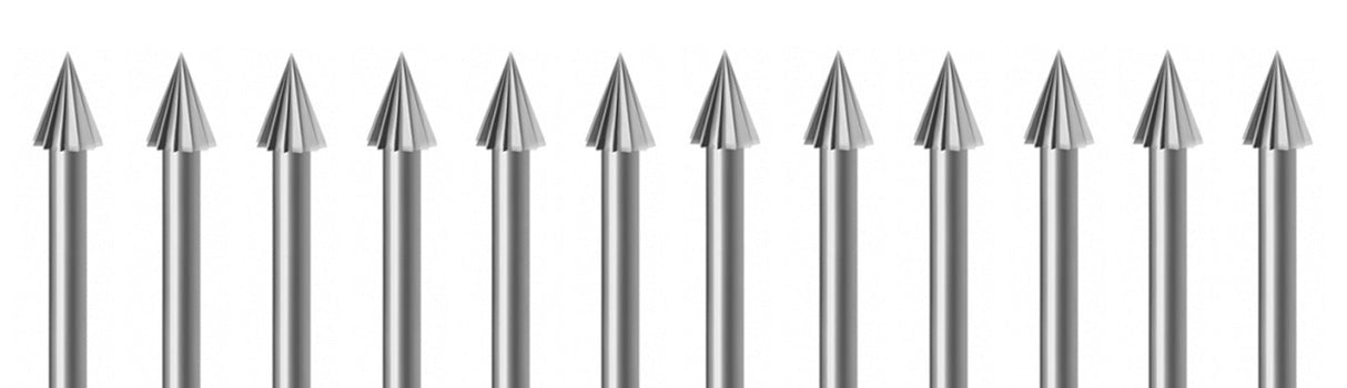 12-piece assorted cone bur set made of durable Swiss-milled vanadium steel with 3/32" shanks for precision dental and lab use